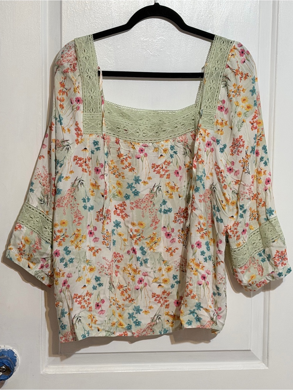 Cato Cream Floral Peasant Blouse with Sage Crochet Trim - Picture 5 of 9